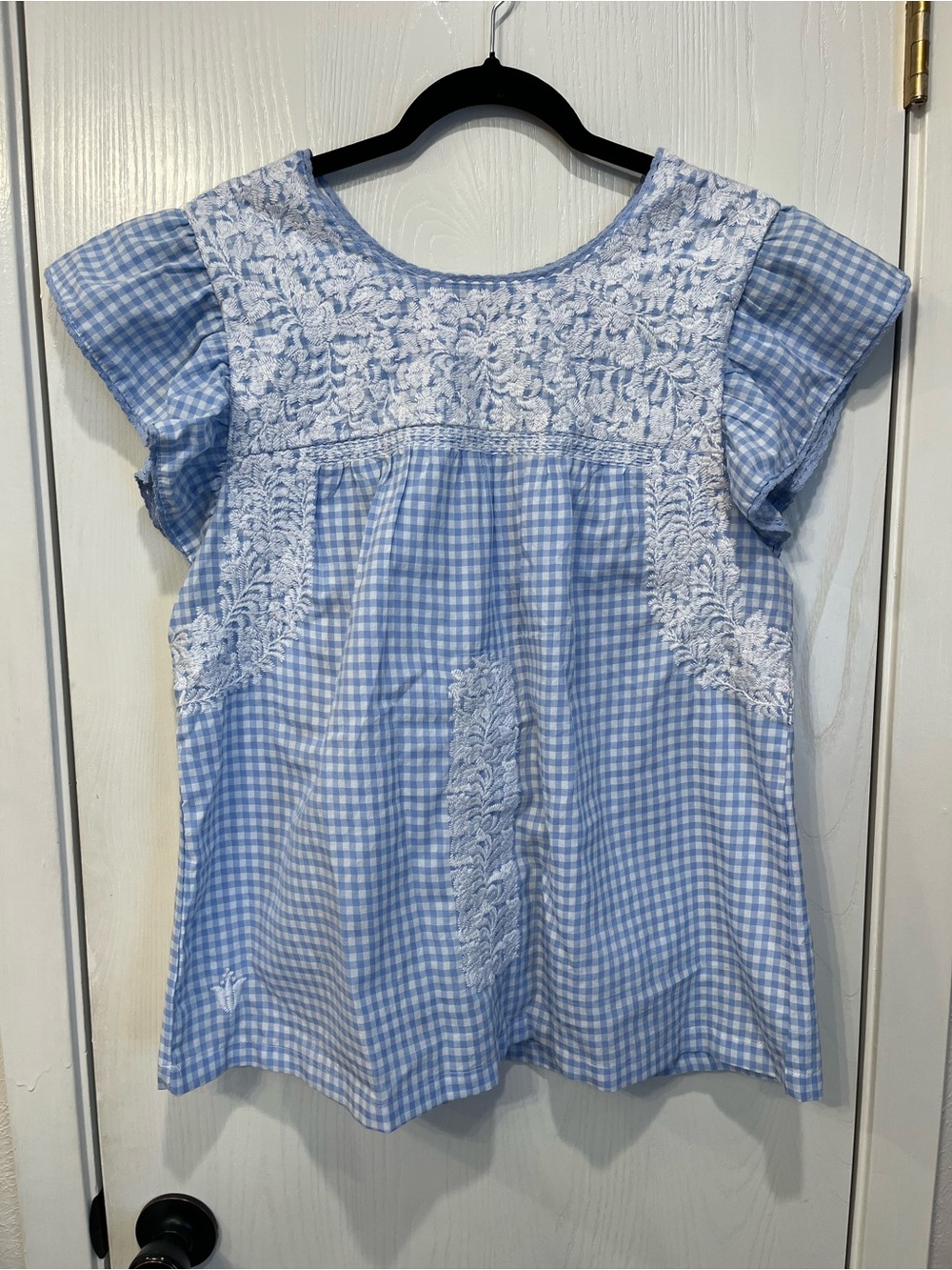 J. Marie Linen Blouse Tunic Top Blue White Check Gingham Embroidered Size Medium